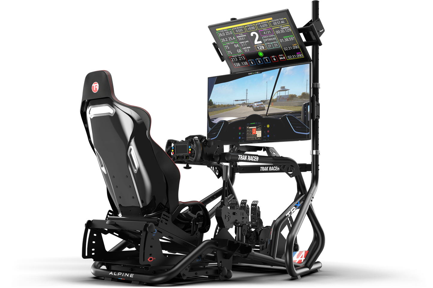 Racing simulator chair with multiple screens on a white background