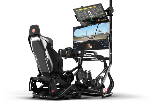 Racing simulator chair with multiple screens on a white background