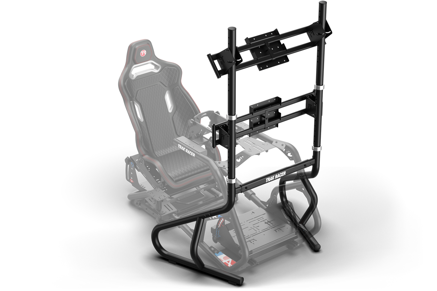Gaming chair with a mounted monitor stand on a white background