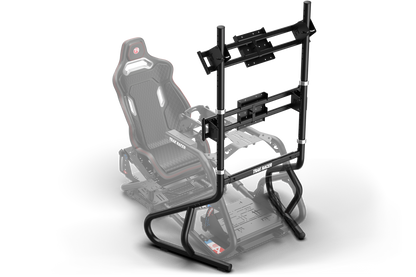Gaming chair with a mounted monitor stand on a white background