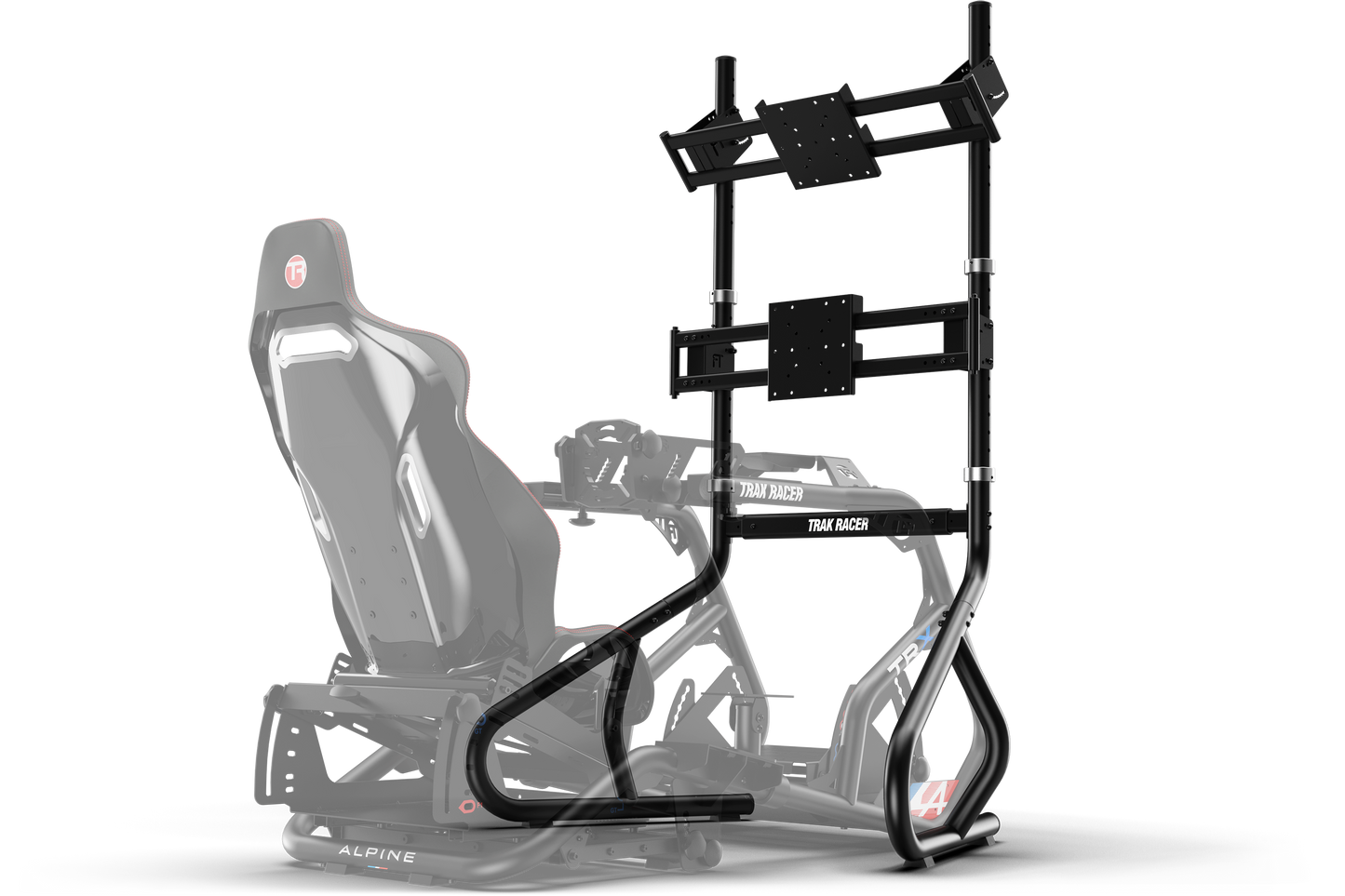 Racing simulator chair with stand on a white background