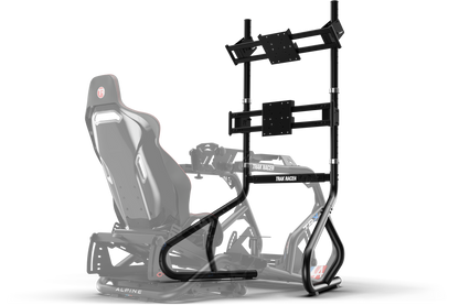 Racing simulator chair with stand on a white background
