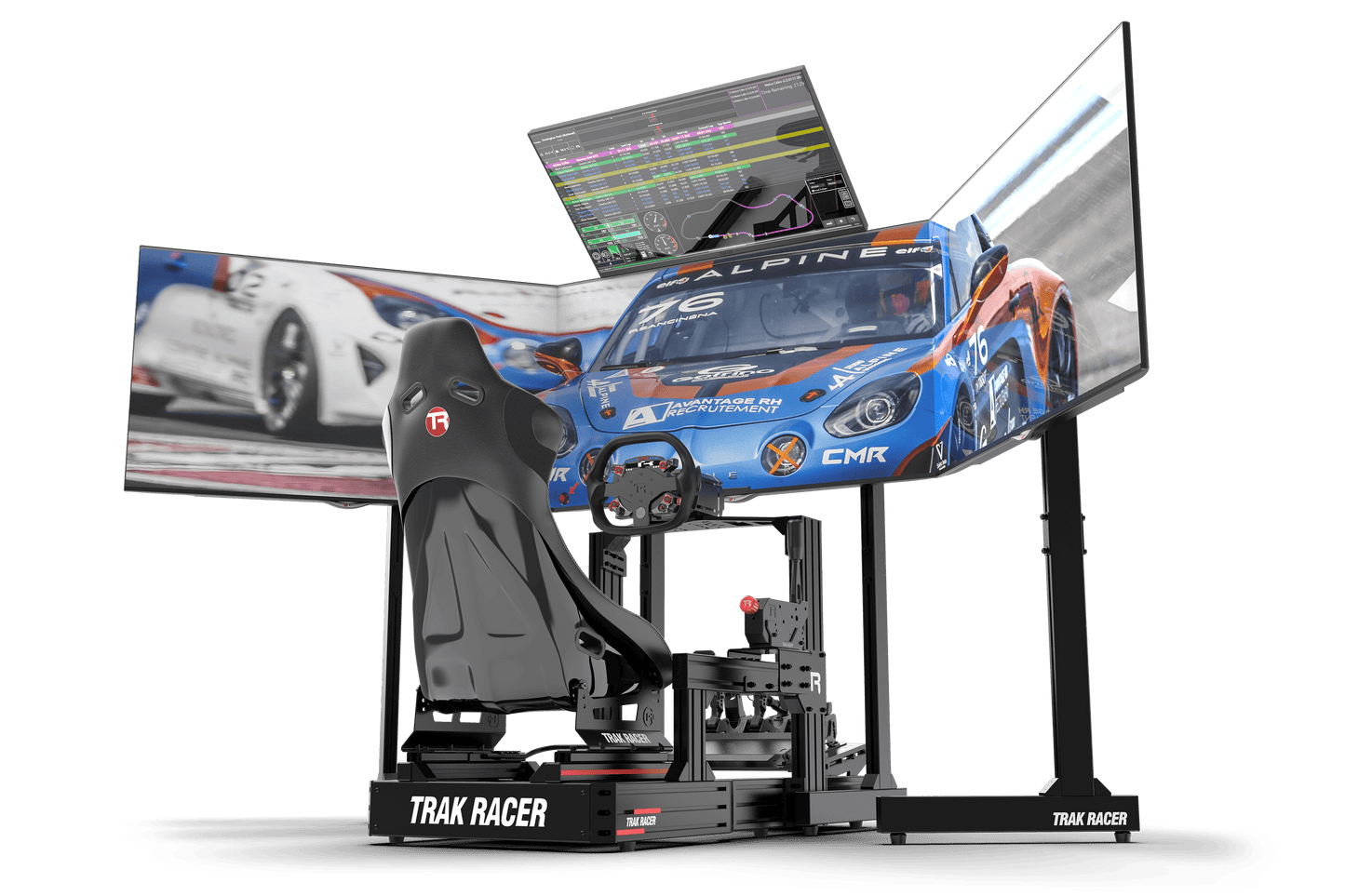 Racing simulator setup with a chair, steering wheel, and multiple screens displaying racing game.
