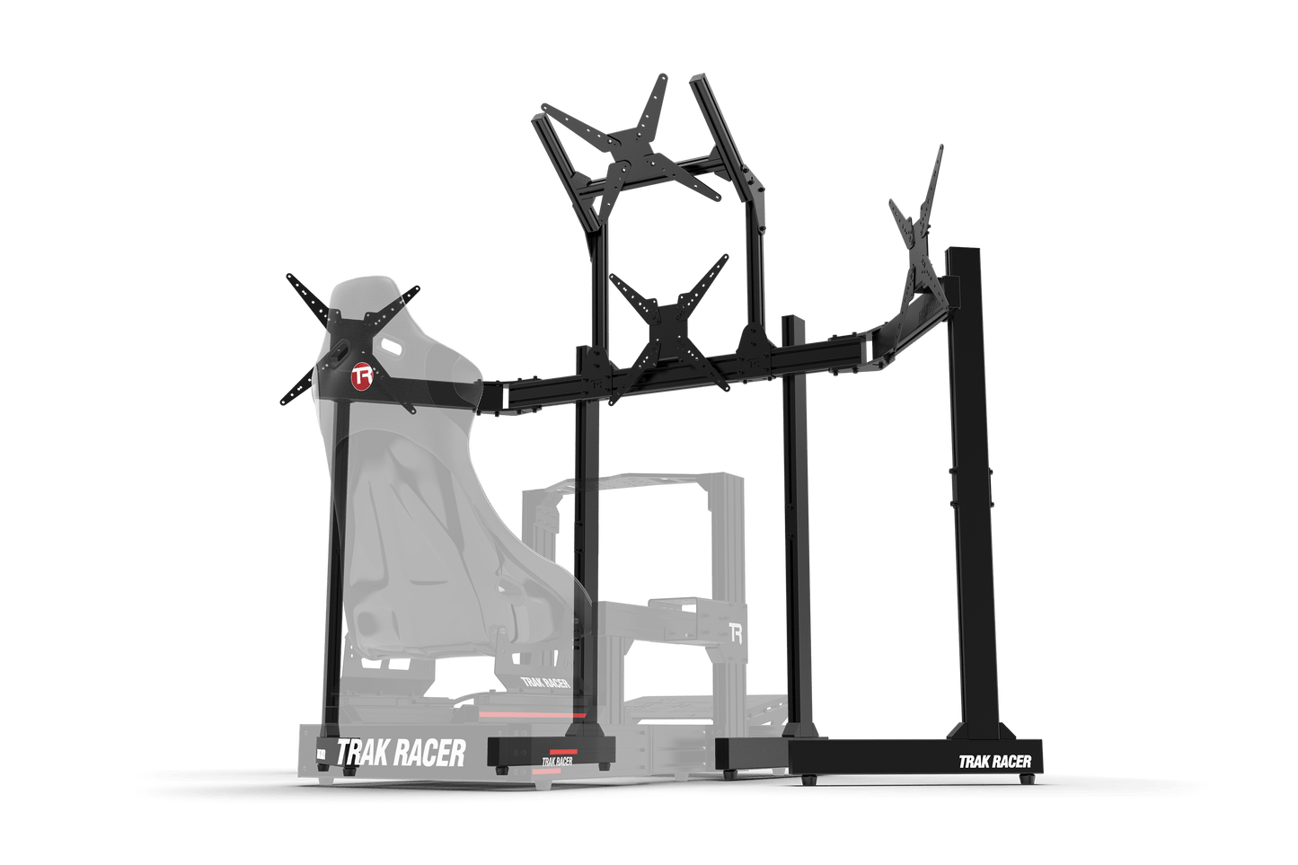 Black gaming simulator chair with 'Trak Racer' branding on a transparent background