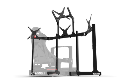 Black gaming simulator chair with 'Trak Racer' branding on a transparent background