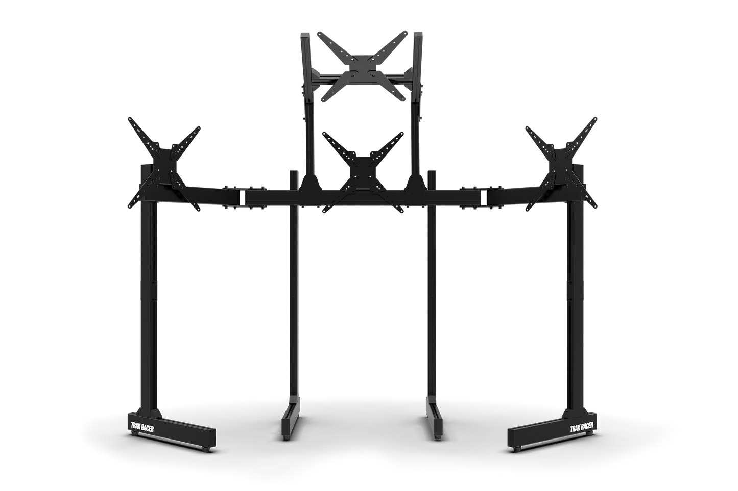 Black metal stand with multiple arms on a transparent background