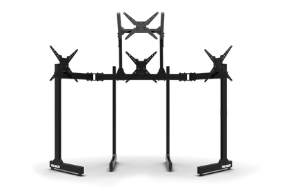 Black metal stand with multiple arms on a transparent background