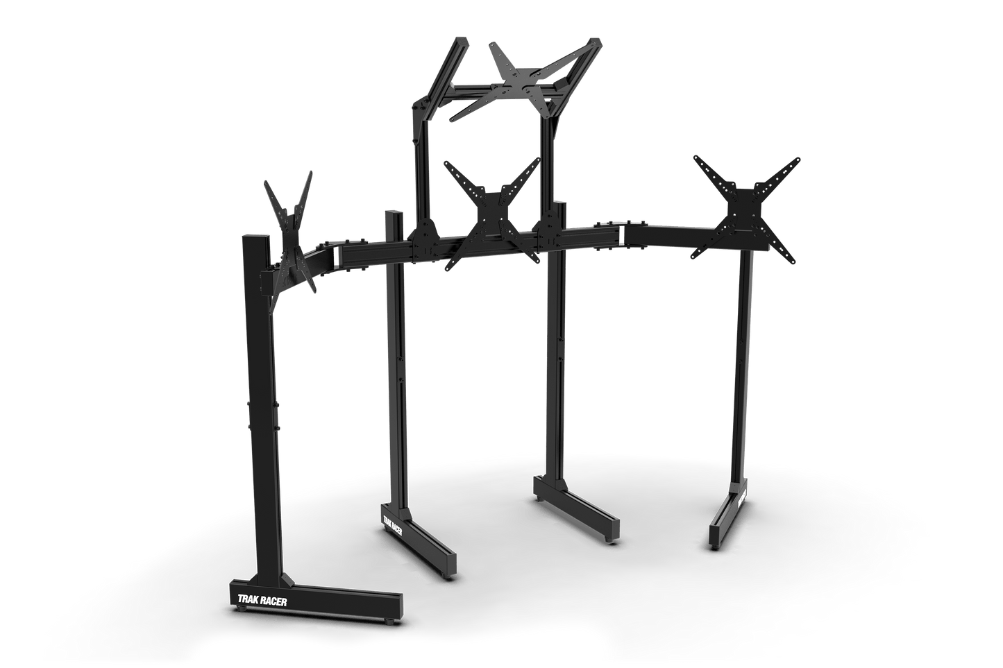 Black metal stand with multiple arms on a white background