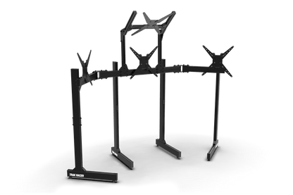 Black metal stand with multiple arms on a white background