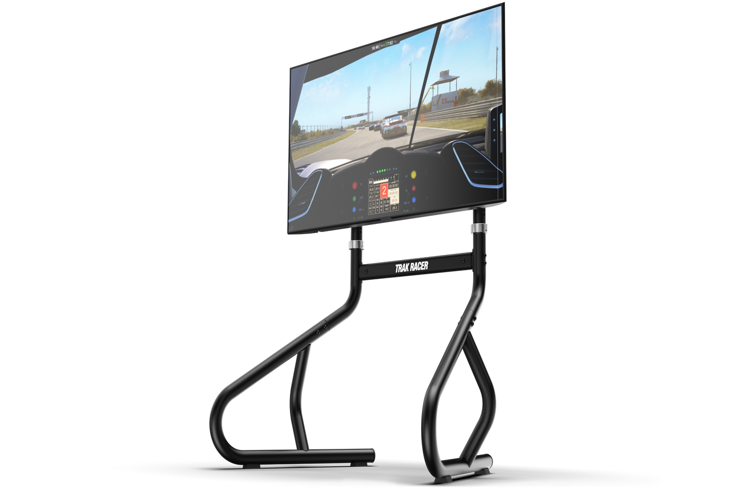 Monitor on a stand displaying a racing game with a white background