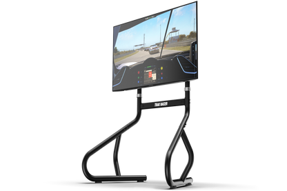 Monitor on a stand displaying a racing game with a white background