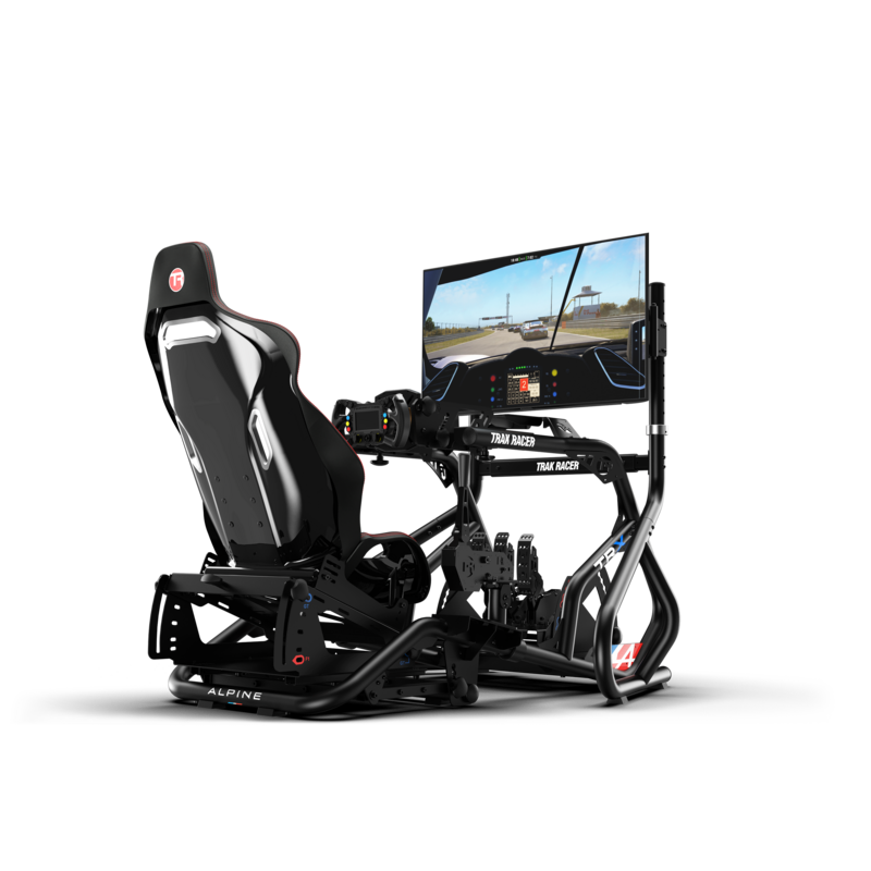 Racing simulator chair with screen displaying a racing game on a white background