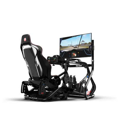 Racing simulator chair with screen displaying a racing game on a white background