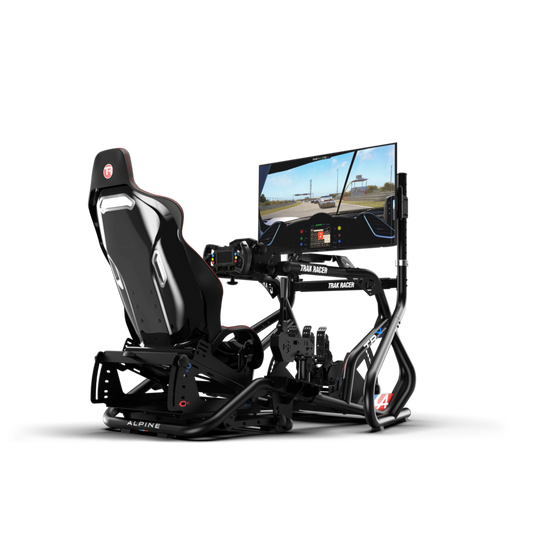 Racing simulator chair with screen displaying a racing game on a white background