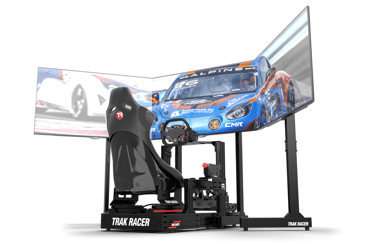 Racing simulator setup with a chair and screens displaying racing game graphics.