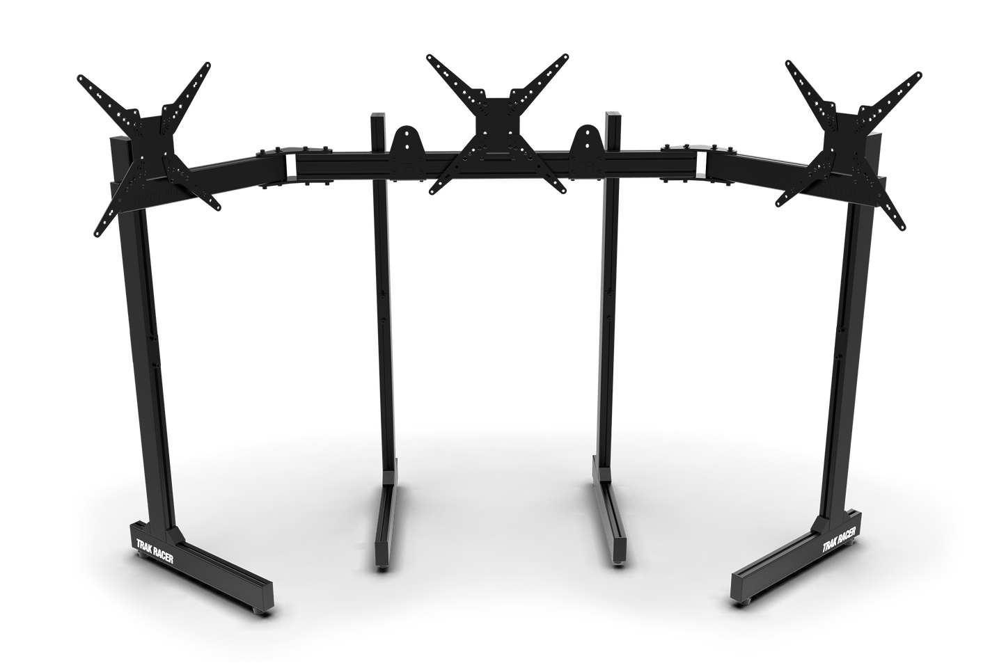 Black multi-monitor stand with four monitor brackets on a transparent background