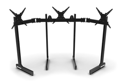 Black multi-monitor stand with four monitor brackets on a transparent background