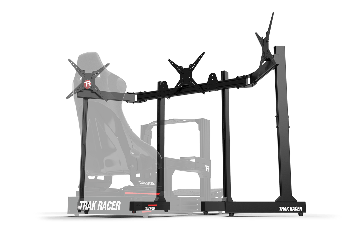 Black gaming simulator chair with adjustable armrests on a transparent background