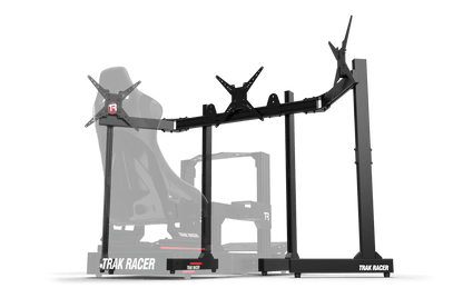 Black gaming simulator chair with adjustable armrests on a transparent background
