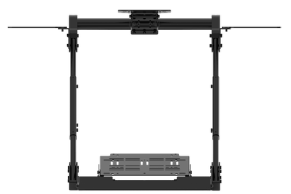Black adjustable monitor stand on a white background