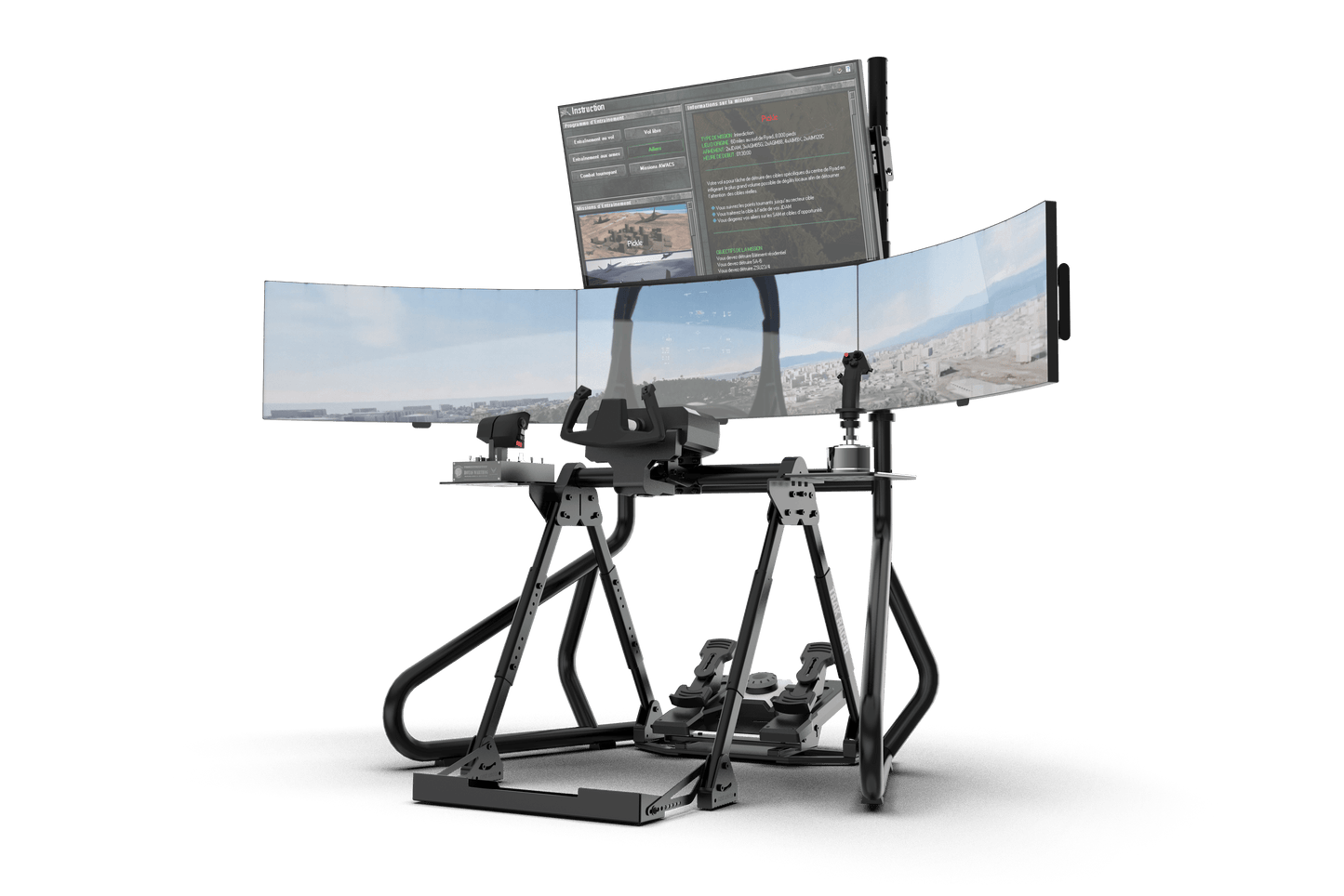 Multi-monitor setup on a stand with screens displaying different views