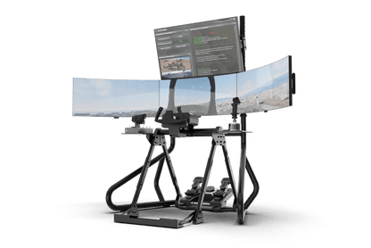 Multi-monitor setup on a stand with screens displaying different views