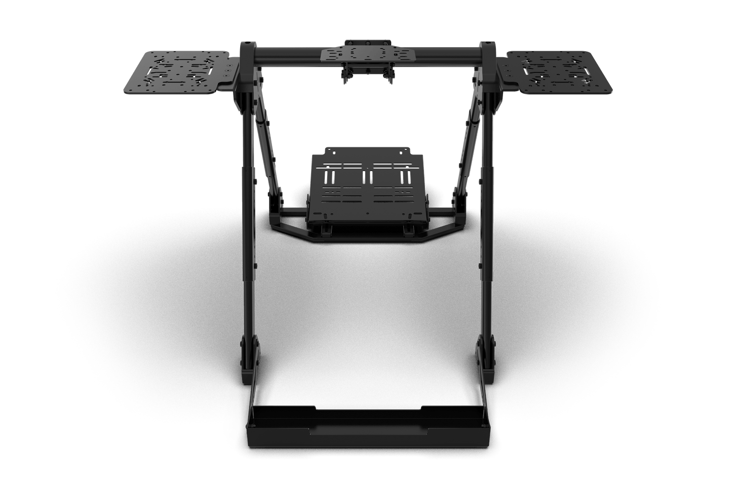 Black mechanical stand with adjustable arms on a transparent background