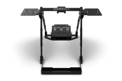 Black mechanical stand with adjustable arms on a transparent background