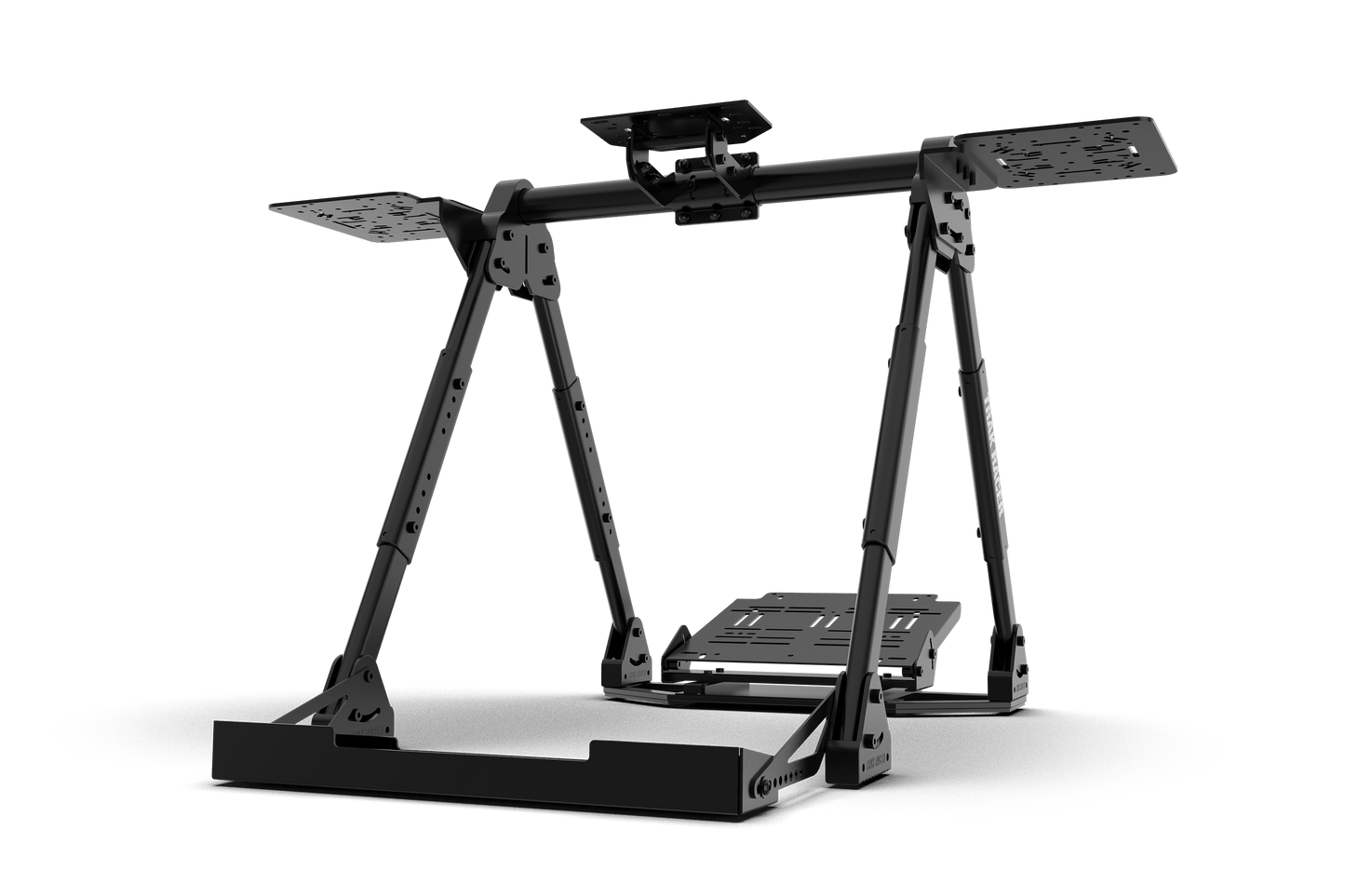 Black metal stand with adjustable platforms on a white background