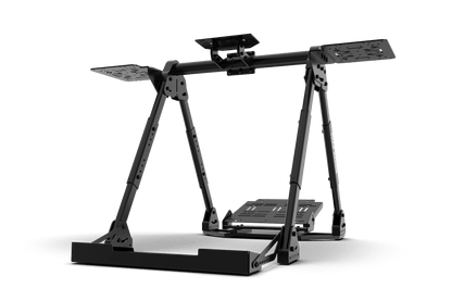 Black metal stand with adjustable platforms on a white background