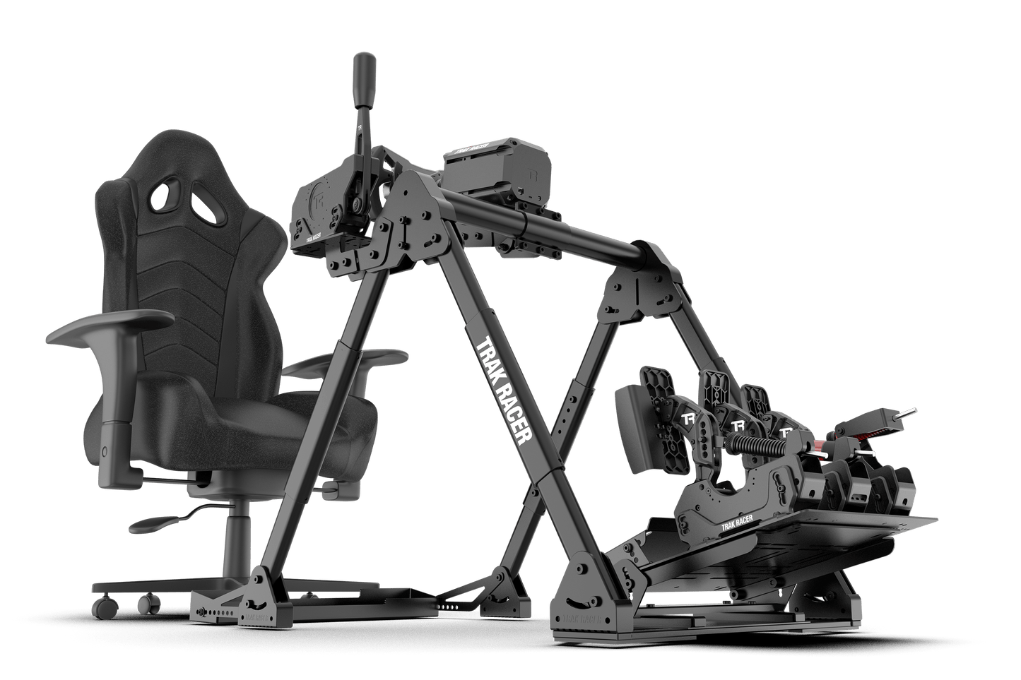 Gaming chair with a mechanical arm setup on a transparent background