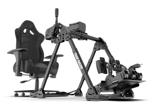 Gaming chair with a mechanical arm setup on a transparent background