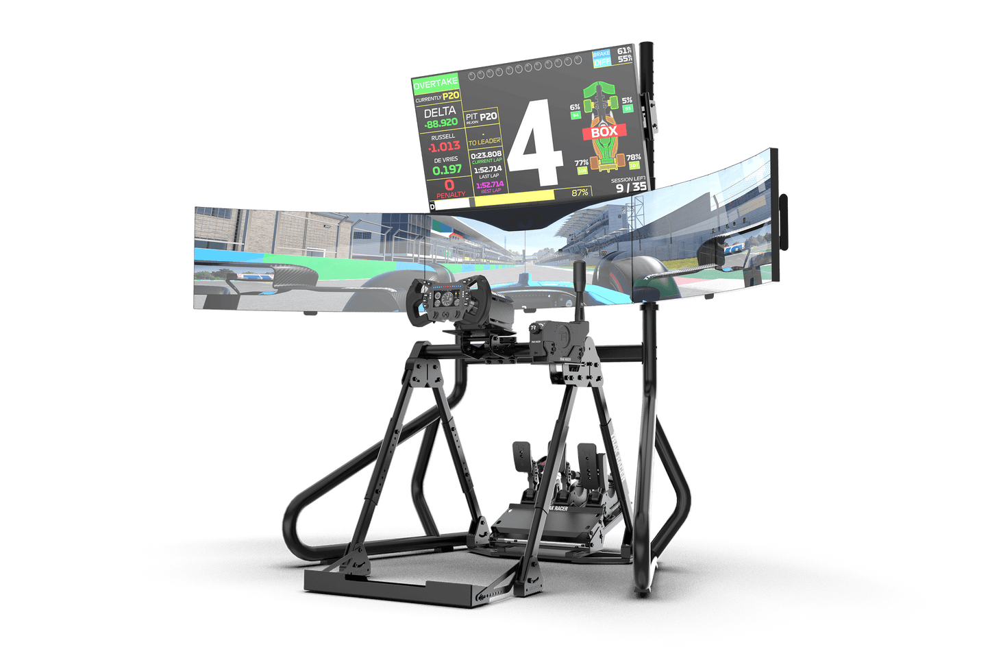Simulator setup with dual screens displaying a racing game on a green background