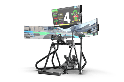Simulator setup with dual screens displaying a racing game on a green background