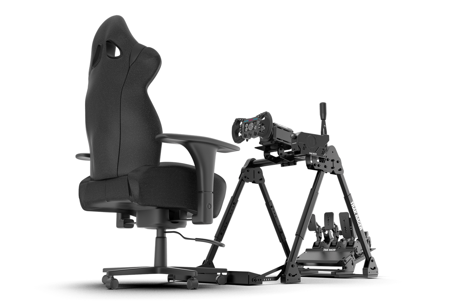Gaming chair with a small mechanical gun setup on a transparent background
