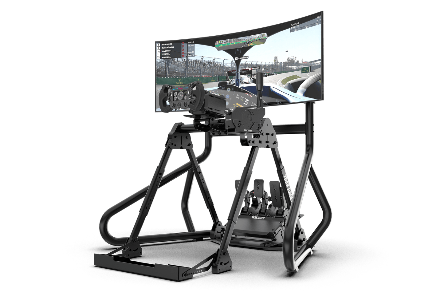 Virtual reality setup with a monitor displaying a racing game on a stand.
