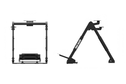 Black metal frame and adjustable stand on a white background