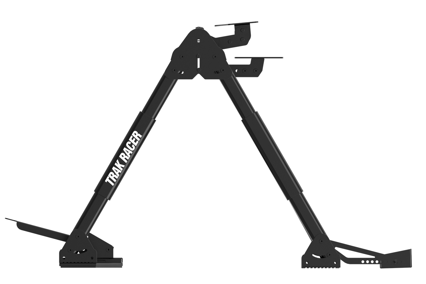 Black metal bike rack with 'Tram Racer' branding on a transparent background
