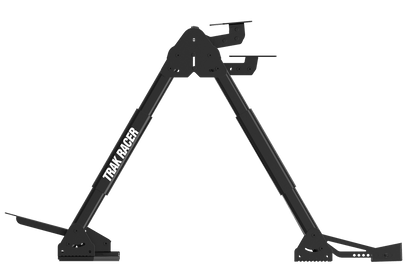 Black metal bike rack with 'Tram Racer' branding on a transparent background