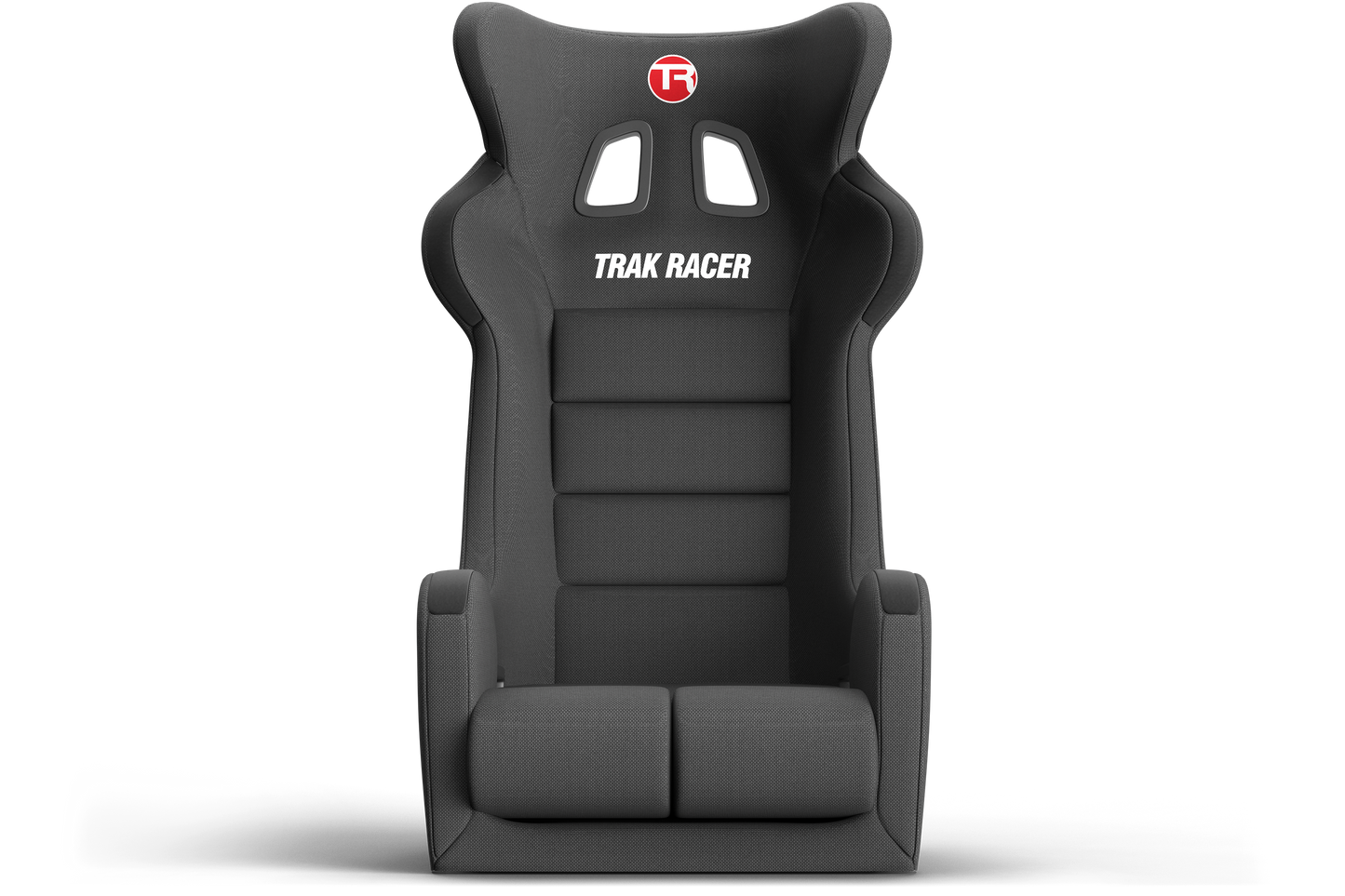 Black racing seat with 'Trak Racer' branding on a white background