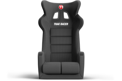 Black racing seat with 'Trak Racer' branding on a white background