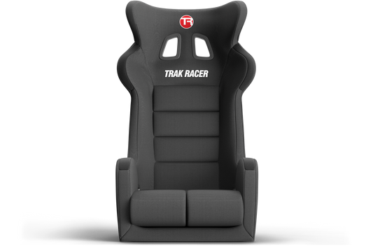 Black racing seat with 'Trak Racer' branding on a white background