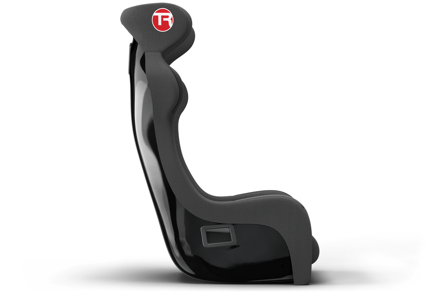 Black car seat with a red and white logo on a white background