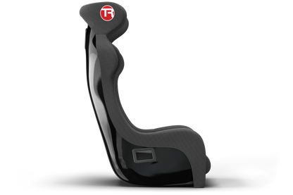 Black car seat with a red and white logo on a white background