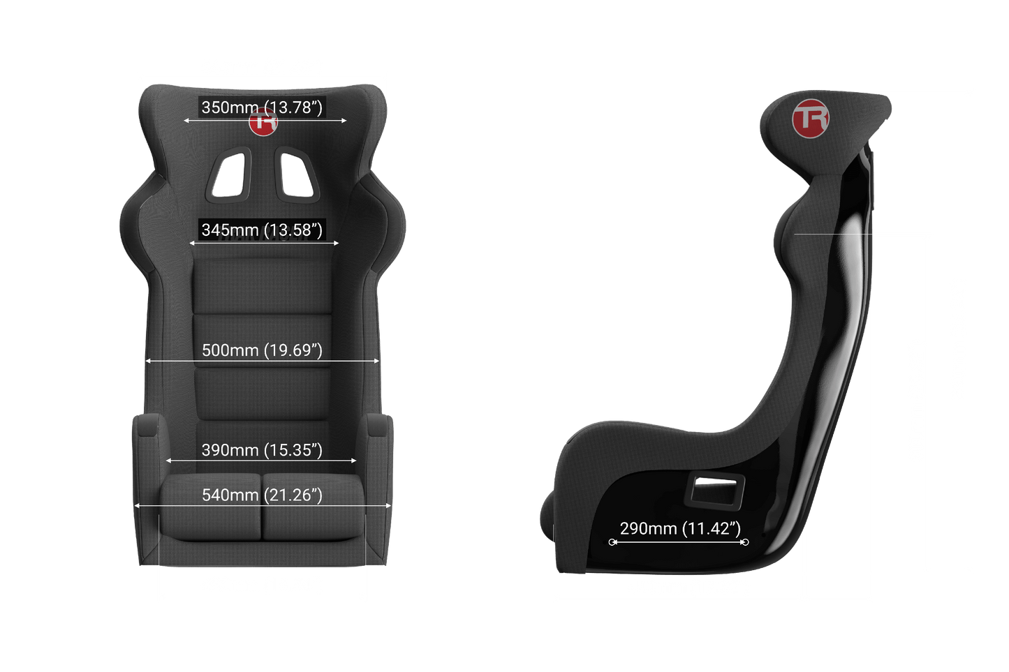 Racing seat with dimensions labeled on a black background