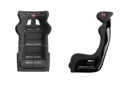 Racing seat with dimensions labeled on a black background