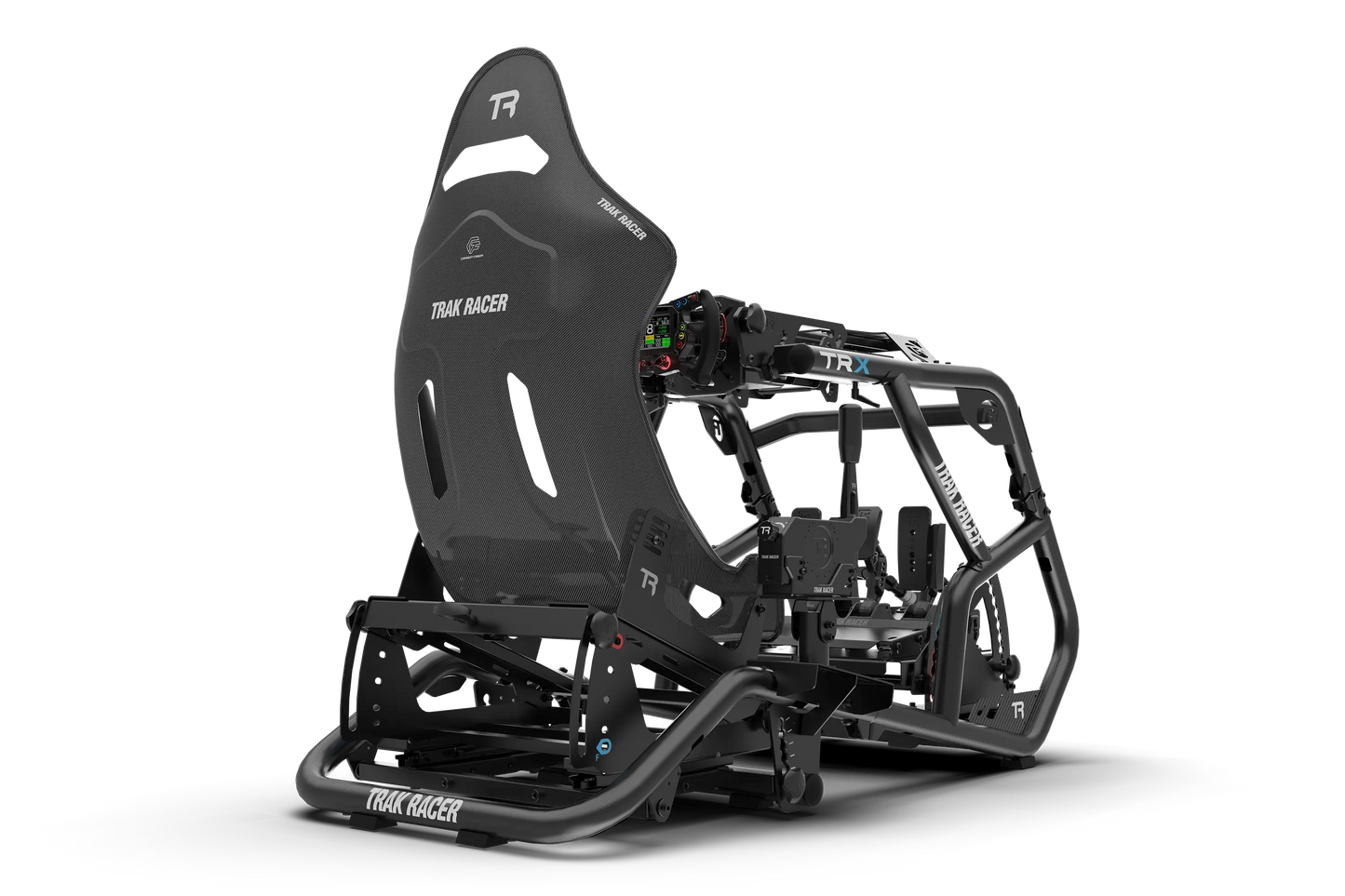 Trak Racer HCF carbon fiber seat installed on a sim racing cockpit