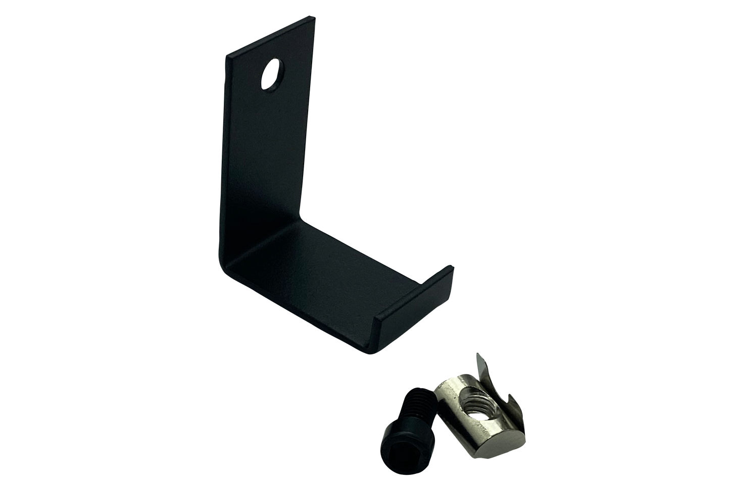 Black metal bracket with a screw on a white background