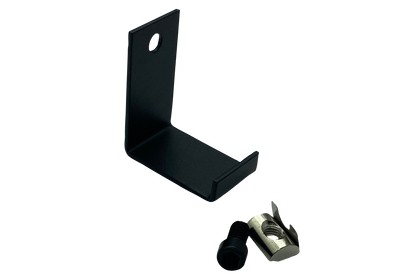 Black metal bracket with a screw on a white background