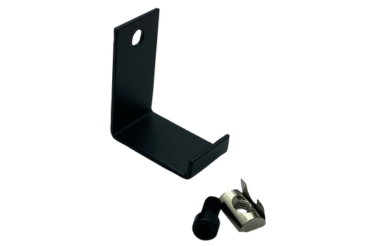 Black metal bracket with a screw on a white background